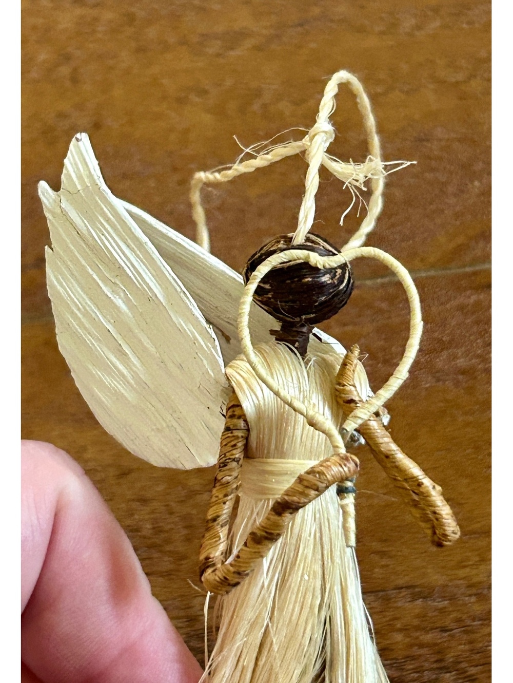Handcrafted Natural Fiber Angel Ornament with White Wings